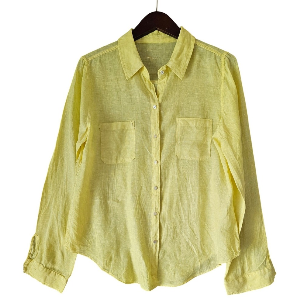 Lilly Pulitzer Womens Yellow 100% Linen Button Down Shirt Pockets Long Sleeve M